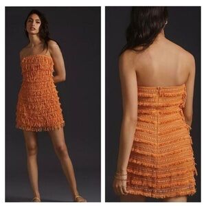 Anthropologie Let Me Be Fringed Tube Mini Dress Orange S